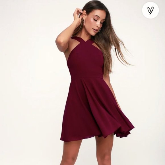 Lulu's Forevermore Mini Skater Dress Burgundy size Small - Picture 1 of 11